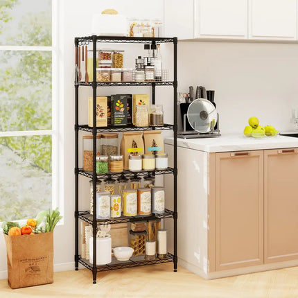 6-Tier Metal Storage Shelving Unit with V-Shaped Wire Rack and 900 LBS Capacity-Black - Black - Garages