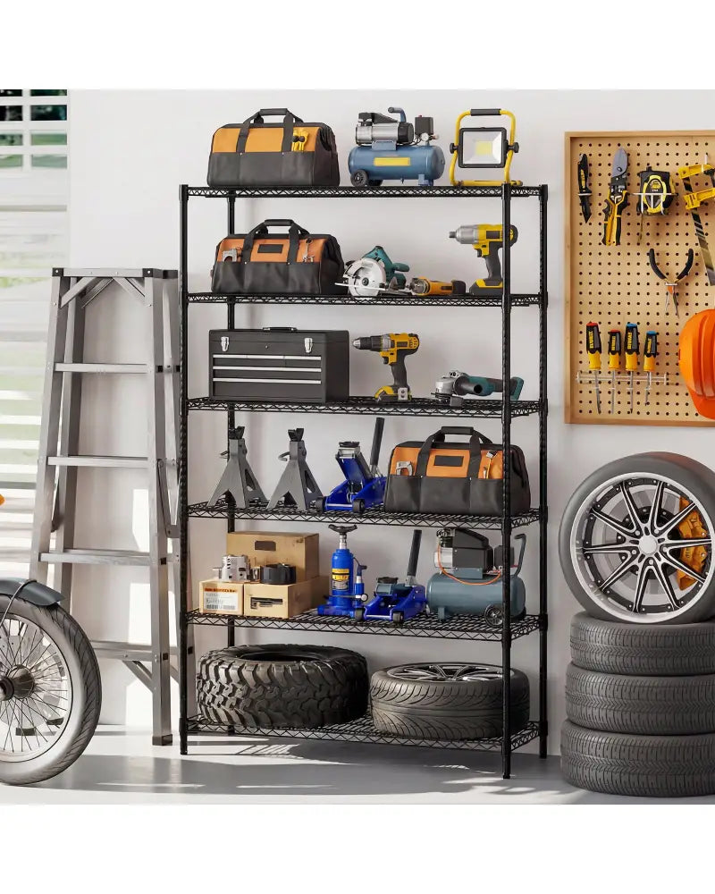 6-Tier Metal Storage Shelving Unit with V-Shaped Wire Rack for Home Garage-Black - Black - Garages