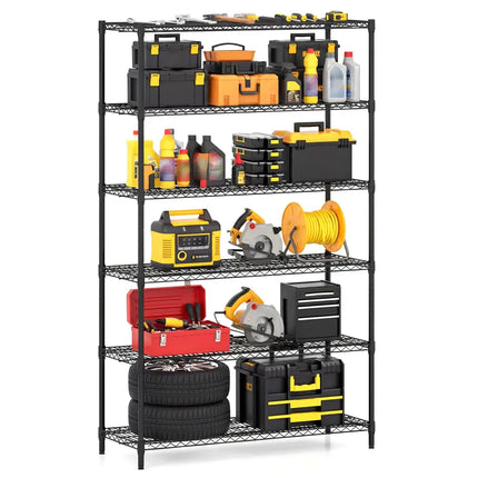 6-Tier Metal Storage Shelving Unit with V-Shaped Wire Rack for Home Garage-Black - Black - Garages