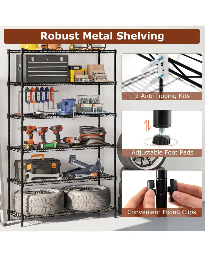 6-Tier Metal Storage Shelving Unit with V-Shaped Wire Rack for Home Garage-Black - Black - Garages
