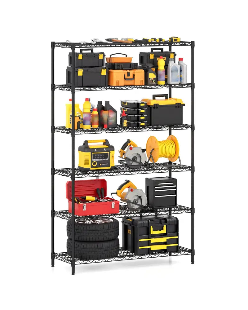 6-Tier Metal Storage Shelving Unit with V-Shaped Wire Rack for Home Garage-Black - Black - Garages