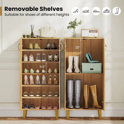 6-Tier Modern Freestanding Wooden Shoe Cabinet with Doors and Removable Shelves-Oak - Oak - Shoe Racks & Storage Benches