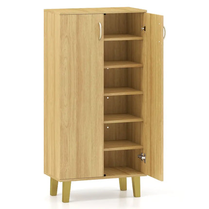 6-Tier Modern Freestanding Wooden Shoe Cabinet with Doors and Removable Shelves-Oak - Oak - Shoe Racks & Storage Benches