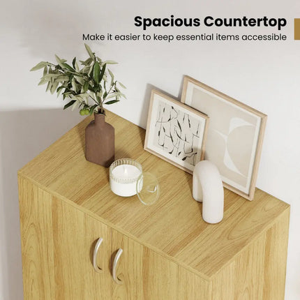 6-Tier Modern Freestanding Wooden Shoe Cabinet with Doors and Removable Shelves-Oak - Oak - Shoe Racks & Storage Benches