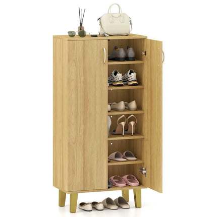 6-Tier Modern Freestanding Wooden Shoe Cabinet with Doors and Removable Shelves-Oak - Oak - Shoe Racks & Storage Benches