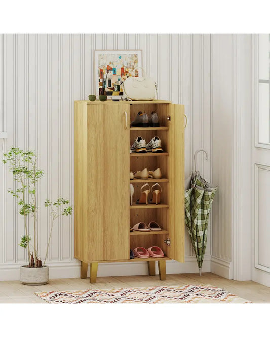 6-Tier Modern Freestanding Wooden Shoe Cabinet with Doors and Removable Shelves-Oak - Oak - Shoe Racks & Storage Benches
