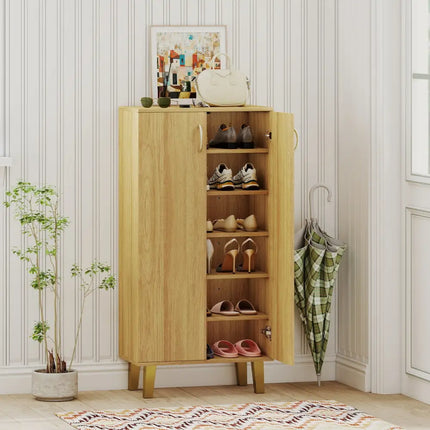 6-Tier Modern Freestanding Wooden Shoe Cabinet with Doors and Removable Shelves-Oak - Oak - Shoe Racks & Storage Benches