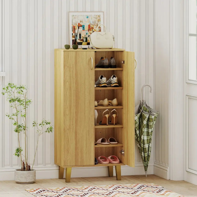 6-Tier Modern Freestanding Wooden Shoe Cabinet with Doors and Removable Shelves-Oak - Oak - Shoe Racks & Storage Benches