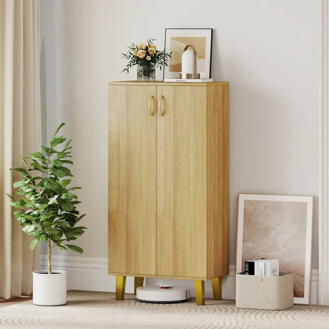 6-Tier Modern Freestanding Wooden Shoe Cabinet with Doors and Removable Shelves-Oak - Oak - Shoe Racks & Storage Benches