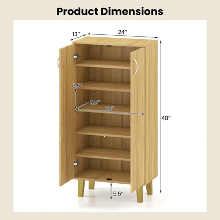 6-Tier Modern Freestanding Wooden Shoe Cabinet with Doors and Removable Shelves-Oak - Oak - Shoe Racks & Storage Benches