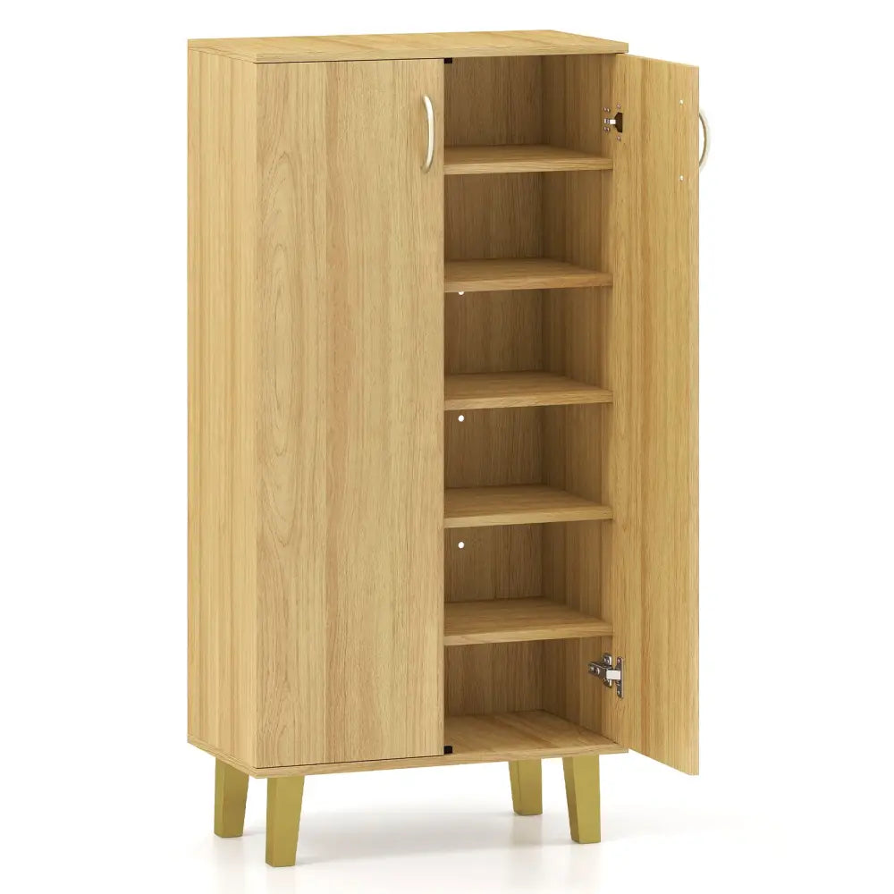 6-Tier Modern Freestanding Wooden Shoe Cabinet with Doors and Removable Shelves-Oak - Oak - Shoe Racks & Storage Benches