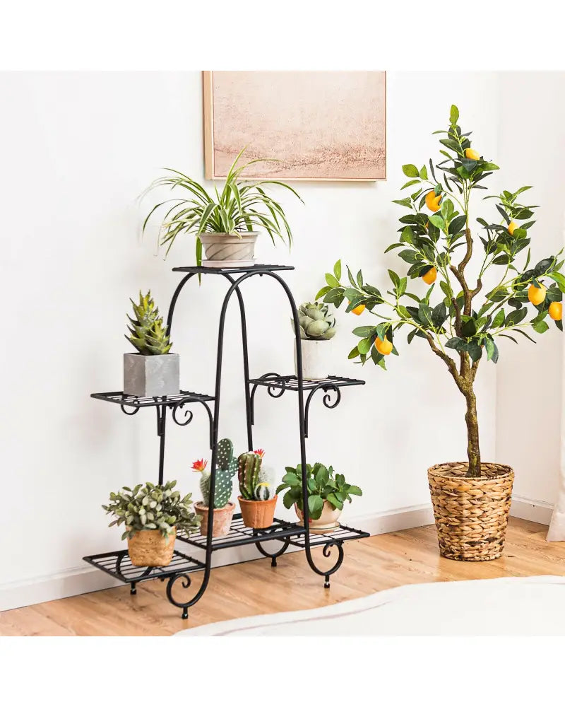 6-Tier Plant Stand with Adjustable Foot Pads-Black - Black - Plant Stands