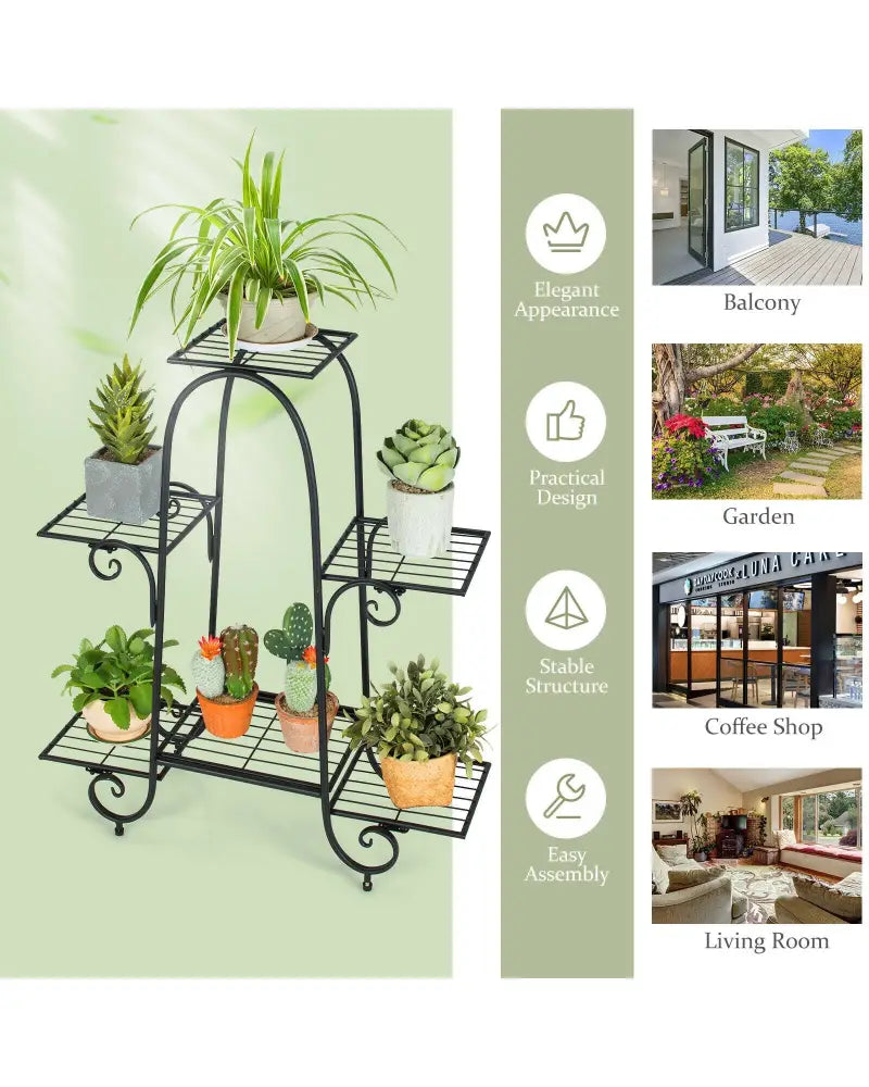 6-Tier Plant Stand with Adjustable Foot Pads-Black - Black - Plant Stands