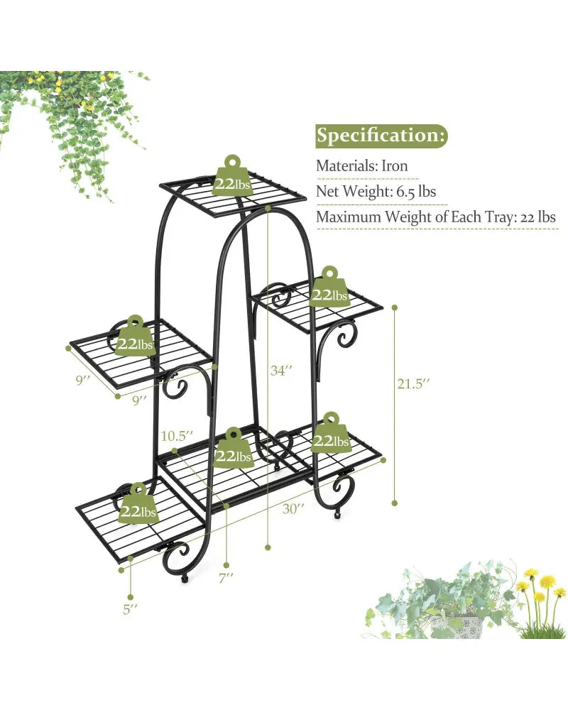 6-Tier Plant Stand with Adjustable Foot Pads-Black - Black - Plant Stands