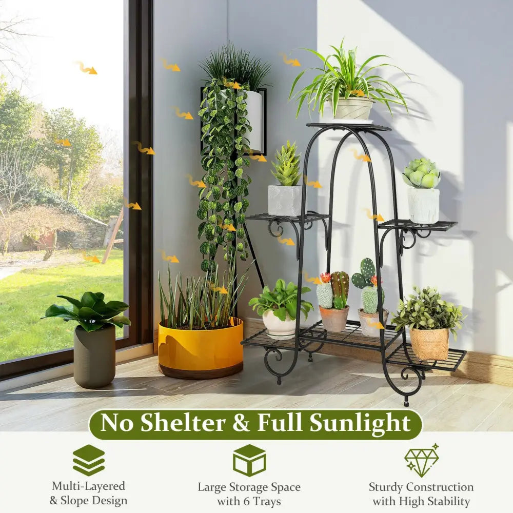 6-Tier Plant Stand with Adjustable Foot Pads-Black - Black - Plant Stands