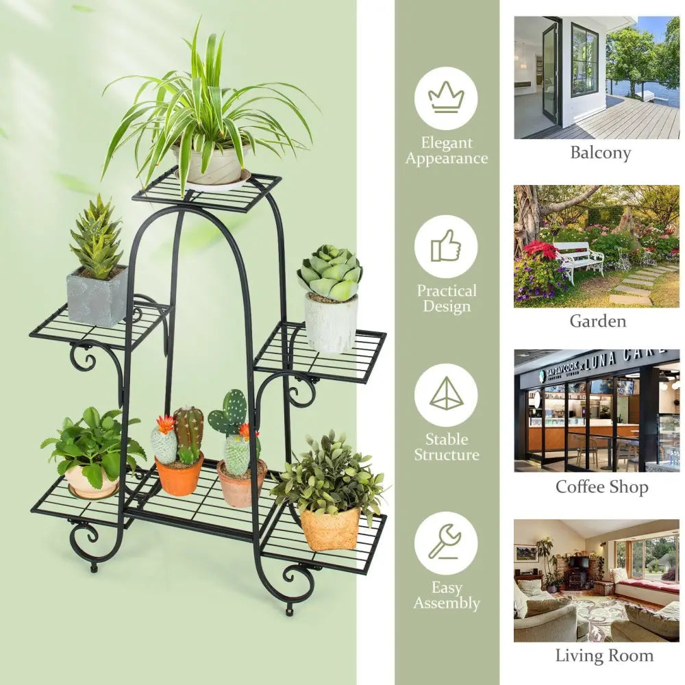 6-Tier Plant Stand with Adjustable Foot Pads-Black - Black - Plant Stands