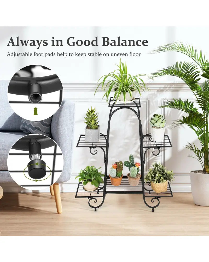 6-Tier Plant Stand with Adjustable Foot Pads-Black - Black - Plant Stands