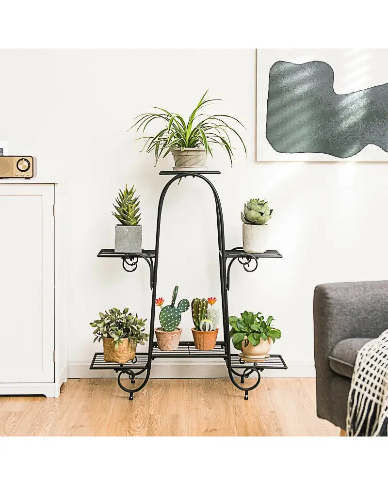 6-Tier Plant Stand with Adjustable Foot Pads-Black - Black - Plant Stands