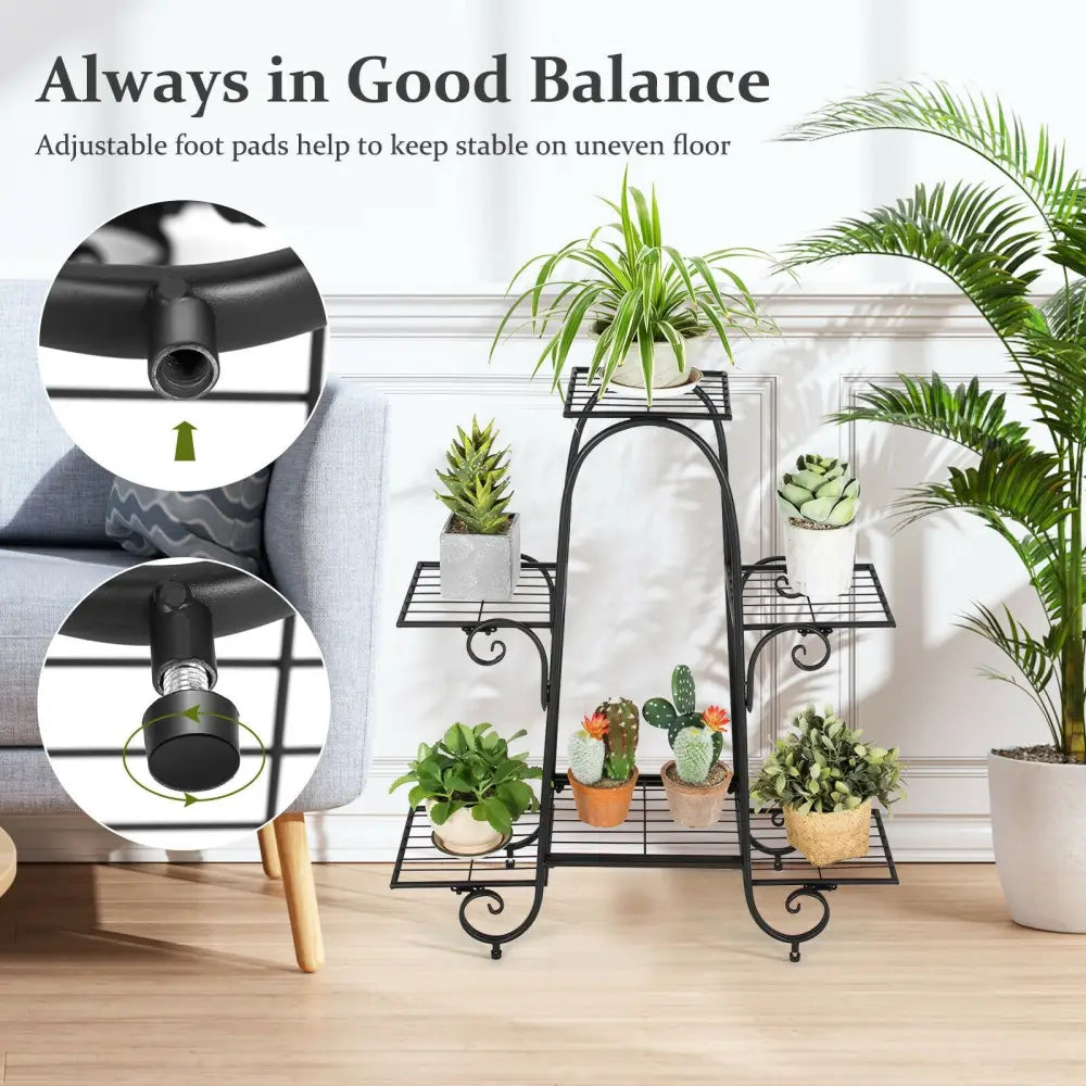6-Tier Plant Stand with Adjustable Foot Pads-Black - Black - Plant Stands
