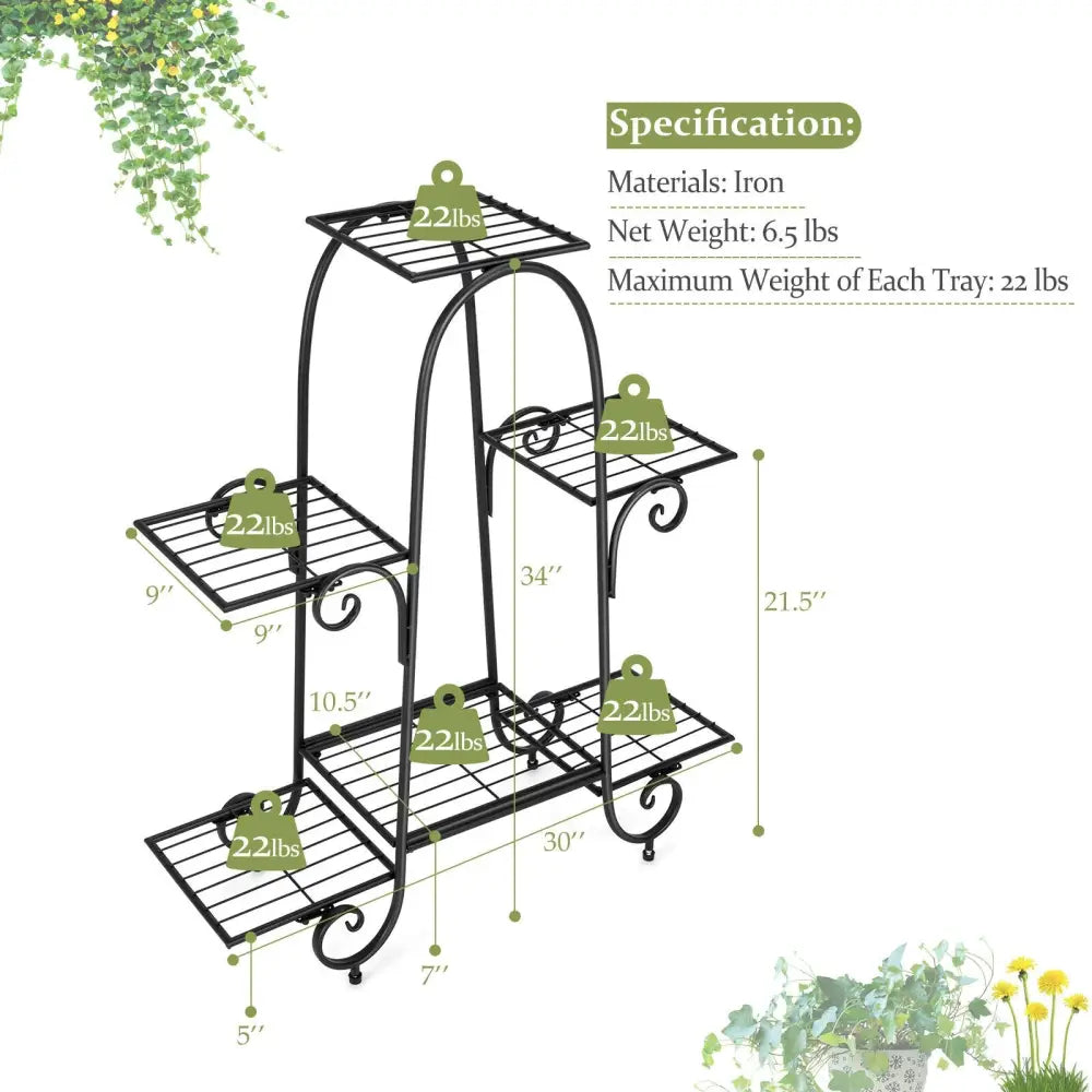 6-Tier Plant Stand with Adjustable Foot Pads-Black - Black - Plant Stands