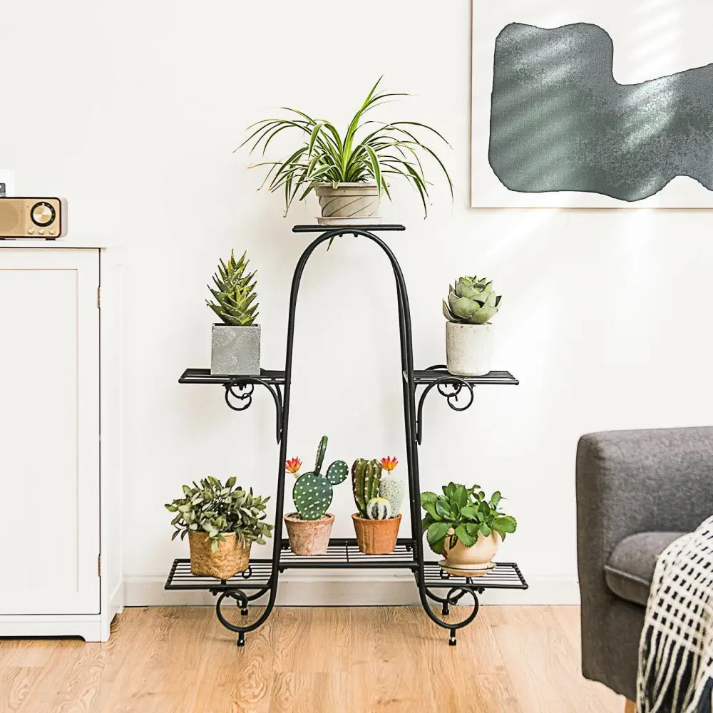 6-Tier Plant Stand with Adjustable Foot Pads-Black - Black - Plant Stands