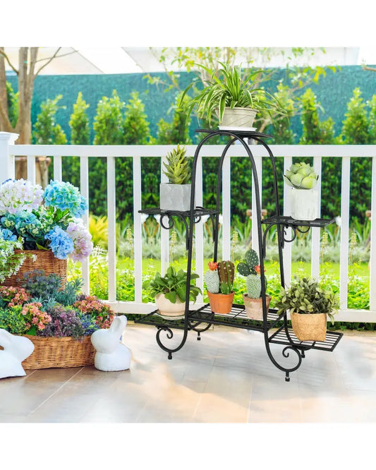 6-Tier Plant Stand with Adjustable Foot Pads-Black - Black - Plant Stands
