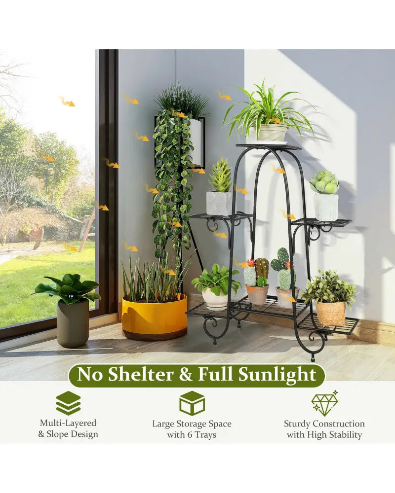 6-Tier Plant Stand with Adjustable Foot Pads-Black - Black - Plant Stands