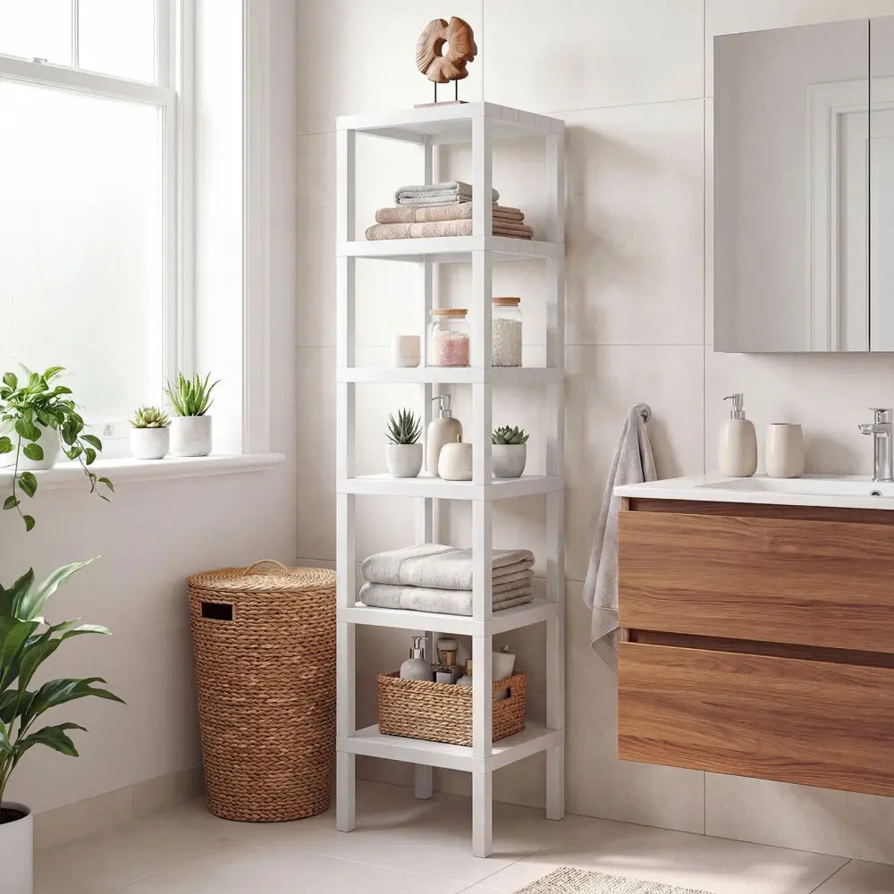 6-Tier Plastic Modular Storage Shelves for Living Room and Kitchen-White - White - Plant Stands