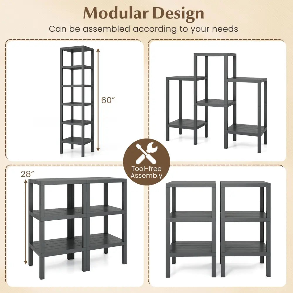 6-Tier Plastic Modular Storage Shelves for Living Room and Kitchen-Gray - Gray - Plant Stands