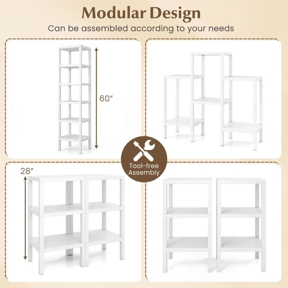 6-Tier Plastic Modular Storage Shelves for Living Room and Kitchen-White - White - Plant Stands