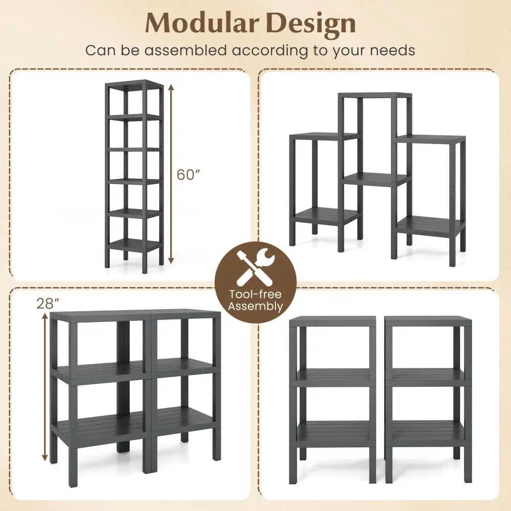 6-Tier Plastic Modular Storage Shelves for Living Room and Kitchen-Gray - Gray - Plant Stands