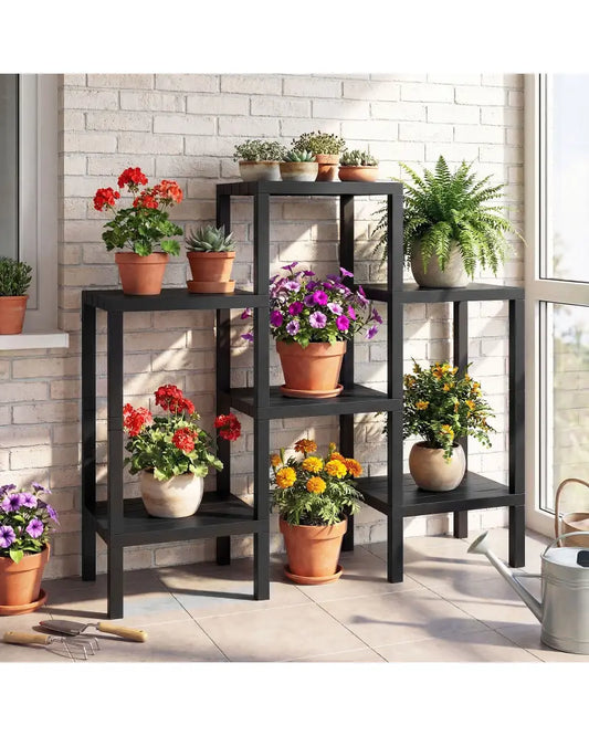 6-Tier Plastic Modular Storage Shelves for Living Room and Kitchen-Black - Black - Plant Stands