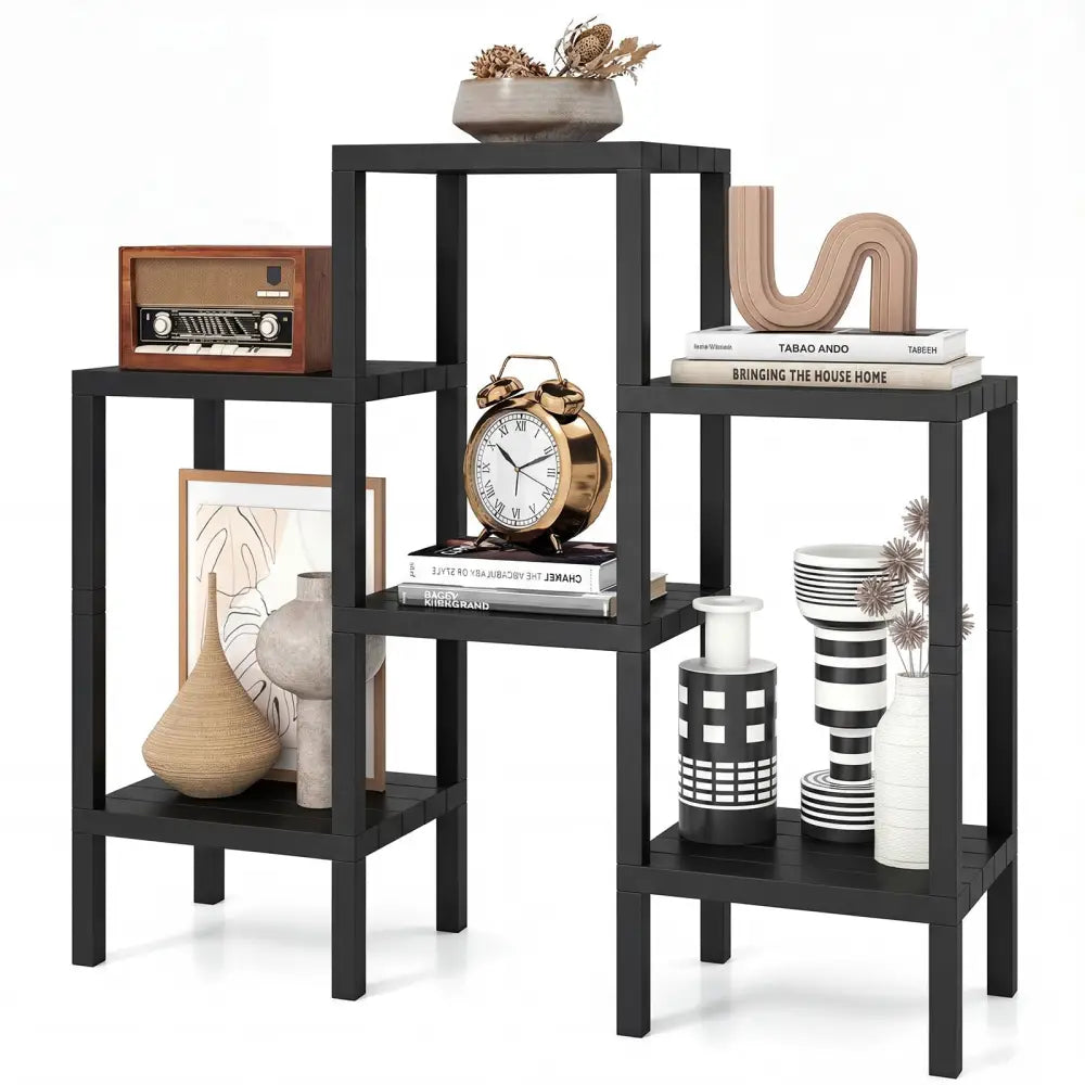 6-Tier Plastic Modular Storage Shelves for Living Room and Kitchen-Black - Black - Plant Stands