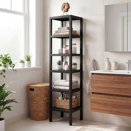 6-Tier Plastic Modular Storage Shelves for Living Room and Kitchen-Black - Black - Plant Stands