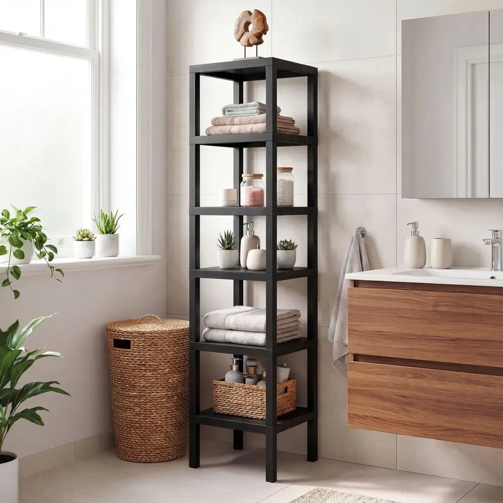 6-Tier Plastic Modular Storage Shelves for Living Room and Kitchen-Black - Black - Plant Stands