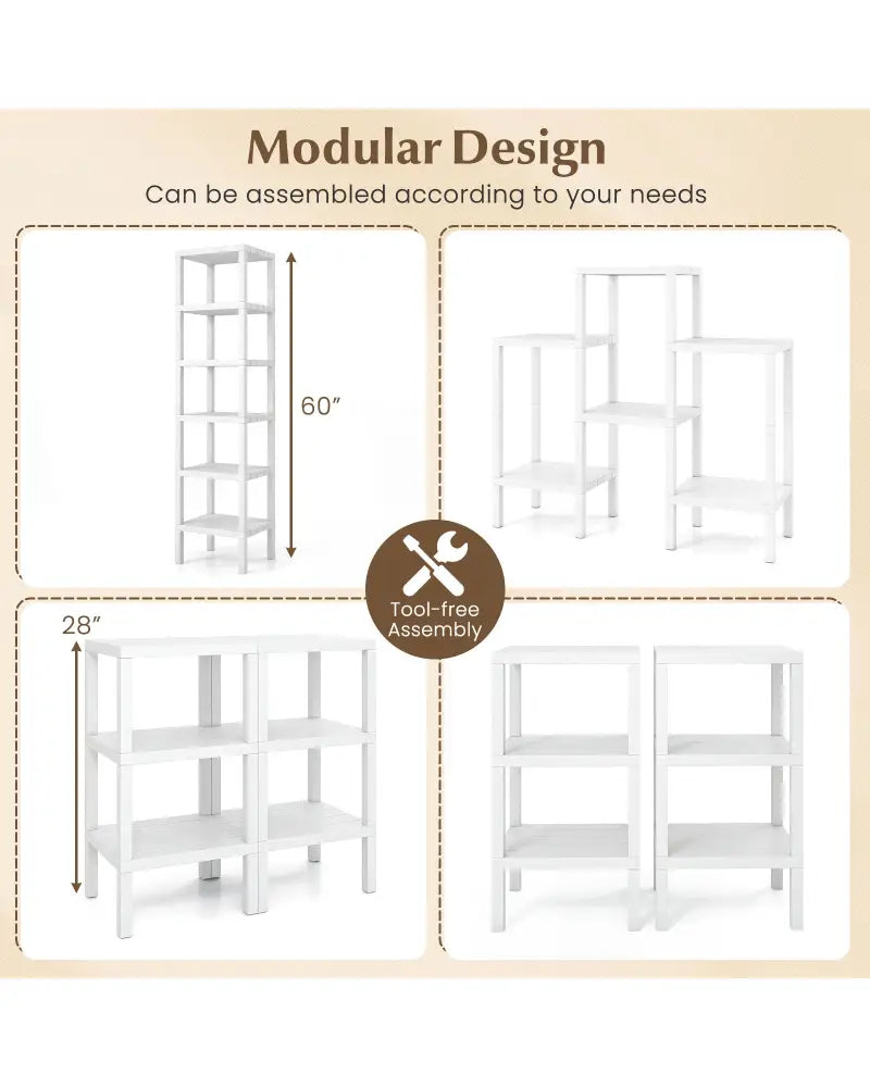6-Tier Plastic Modular Storage Shelves for Living Room and Kitchen-White - White - Plant Stands