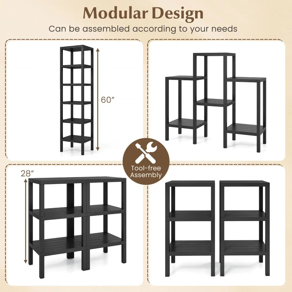 6-Tier Plastic Modular Storage Shelves for Living Room and Kitchen-Black - Black - Plant Stands