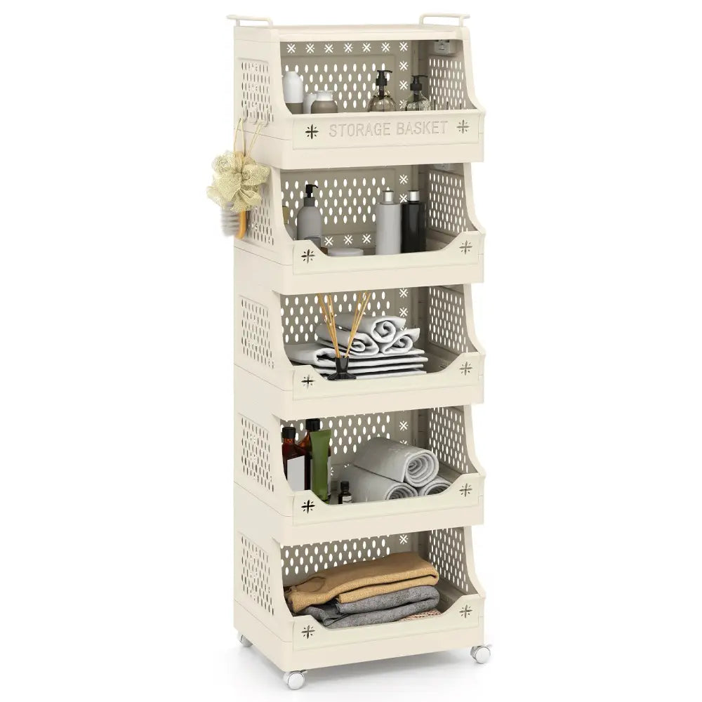 6-Tier Rolling Laundry Basket with Wheels Plastic Storage Cart with Side Hooks - Beige - Laundry Baskets