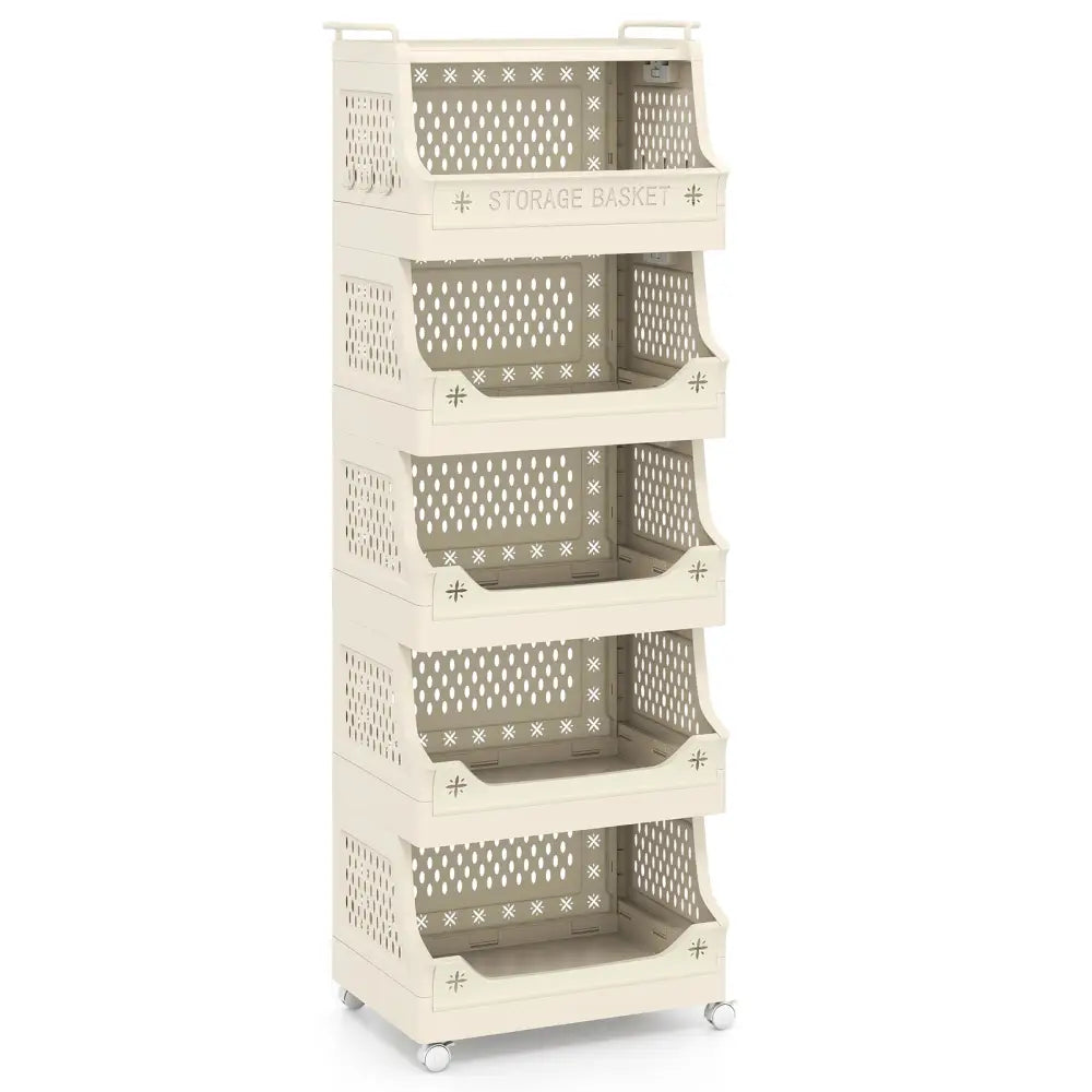 6-Tier Rolling Laundry Basket with Wheels Plastic Storage Cart with Side Hooks - Beige - Laundry Baskets