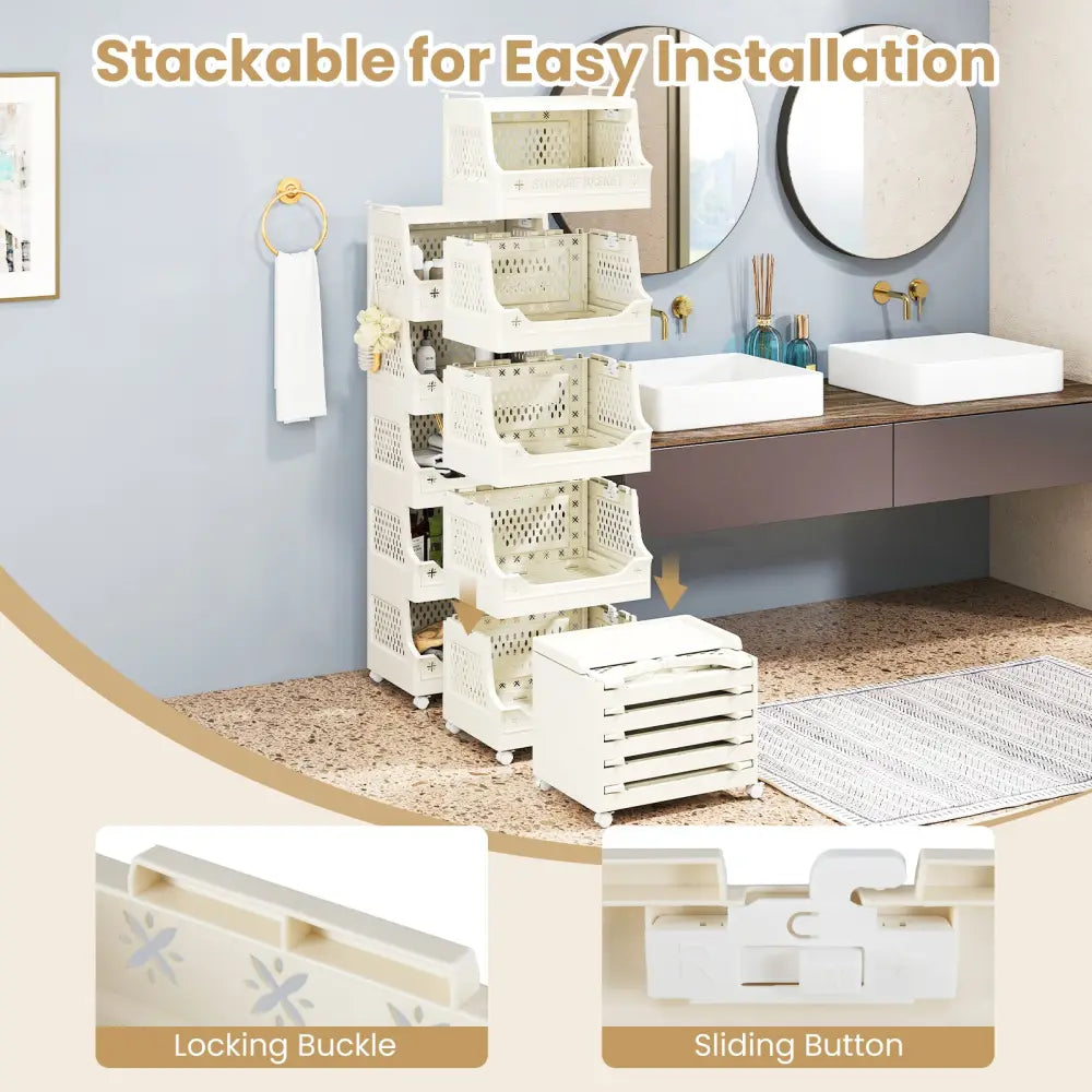 6-Tier Rolling Laundry Basket with Wheels Plastic Storage Cart with Side Hooks - Beige - Laundry Baskets