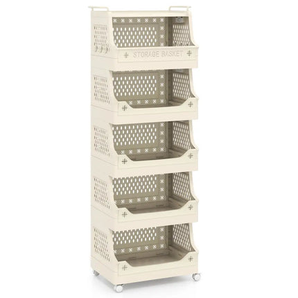 6-Tier Rolling Laundry Basket with Wheels Plastic Storage Cart with Side Hooks - Beige - Laundry Baskets