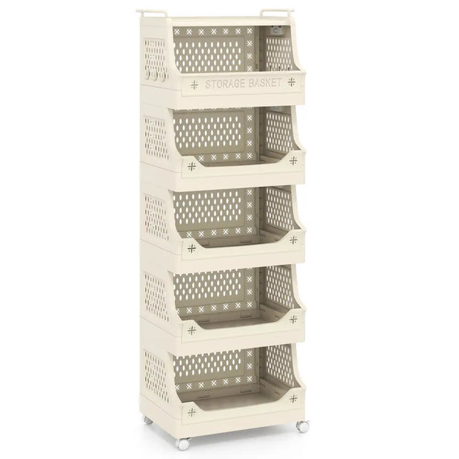 6-Tier Rolling Laundry Basket with Wheels Plastic Storage Cart with Side Hooks - Beige - Laundry Baskets