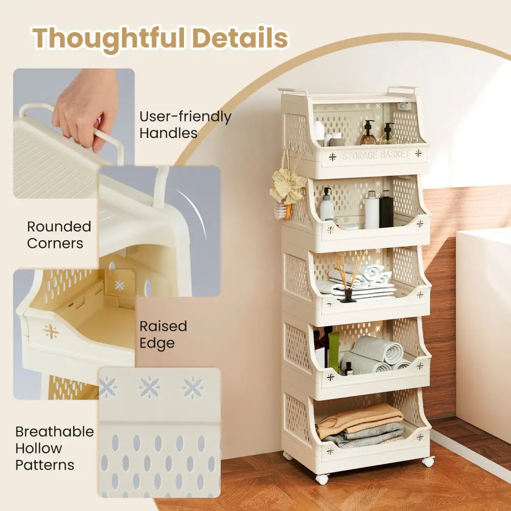 6-Tier Rolling Laundry Basket with Wheels Plastic Storage Cart with Side Hooks - Beige - Laundry Baskets