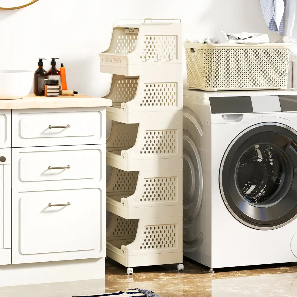 6-Tier Rolling Laundry Basket with Wheels Plastic Storage Cart with Side Hooks - Beige - Laundry Baskets