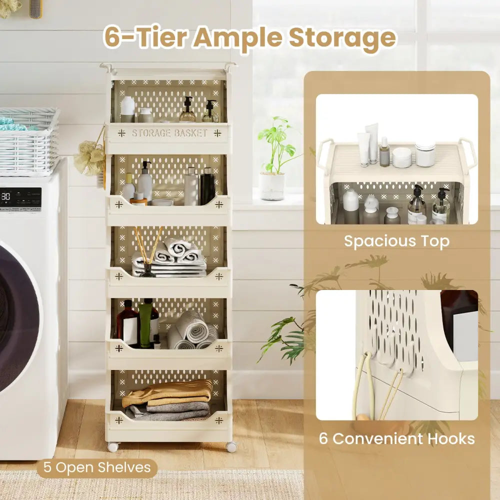 6-Tier Rolling Laundry Basket with Wheels Plastic Storage Cart with Side Hooks - Beige - Laundry Baskets