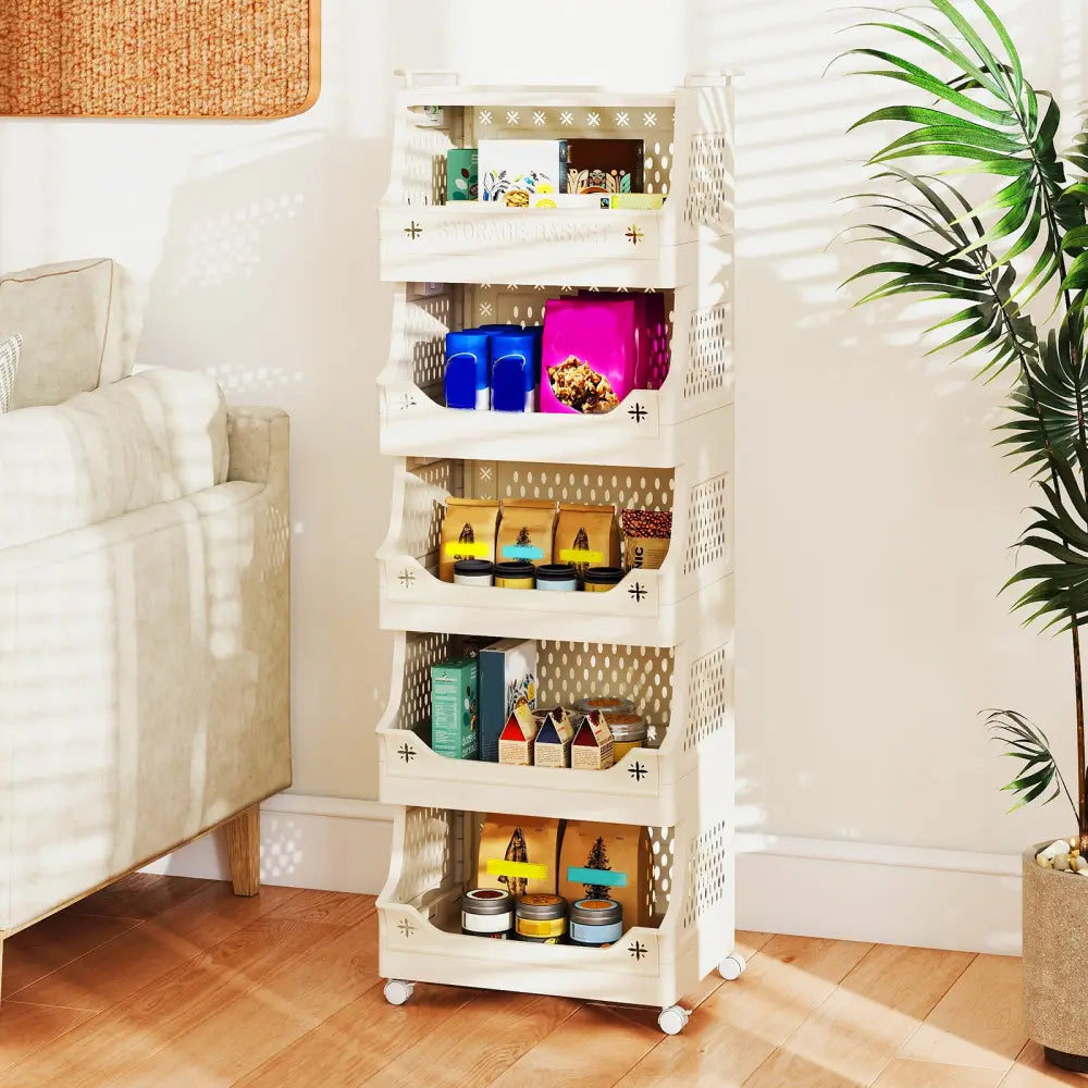 6-Tier Rolling Laundry Basket with Wheels Plastic Storage Cart with Side Hooks - Beige - Laundry Baskets