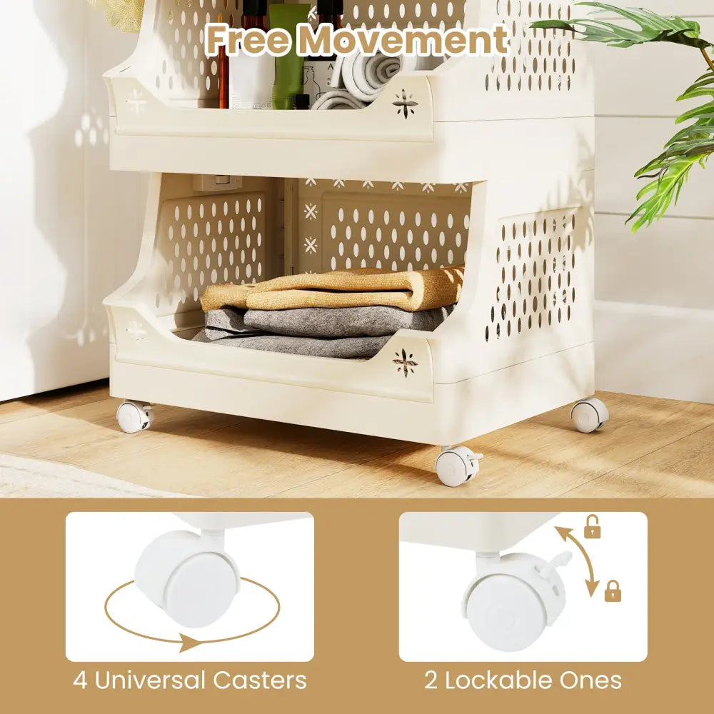 6-Tier Rolling Laundry Basket with Wheels Plastic Storage Cart with Side Hooks - Beige - Laundry Baskets