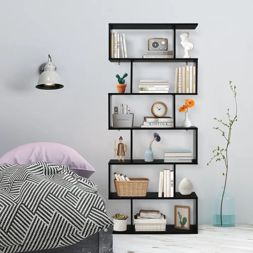 6 Tier S-Shaped Bookshelf Storage Display Bookcase Decor Z-Shelf-Black - Black - Bookcases