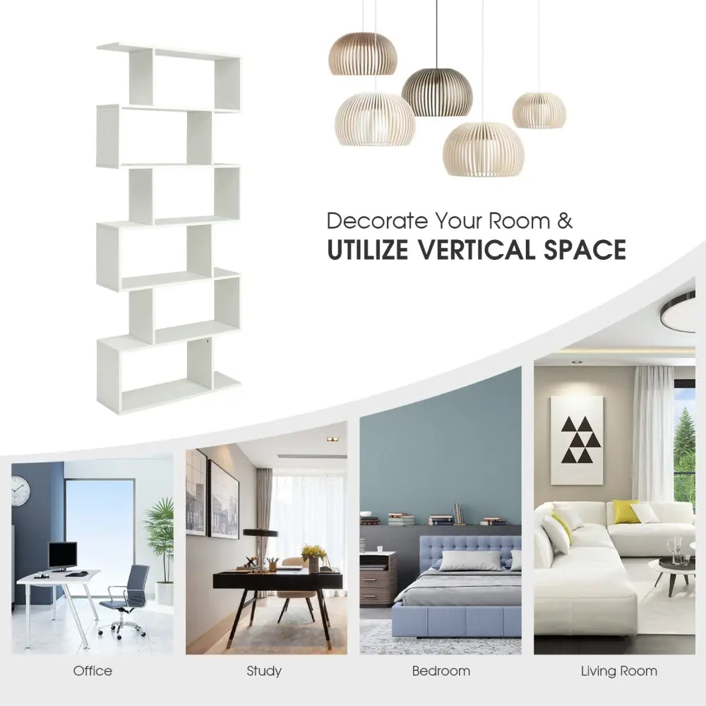 6 Tier S-Shaped Bookshelf Storage Display Bookcase Decor Z-Shelf-White - White - Bookcases