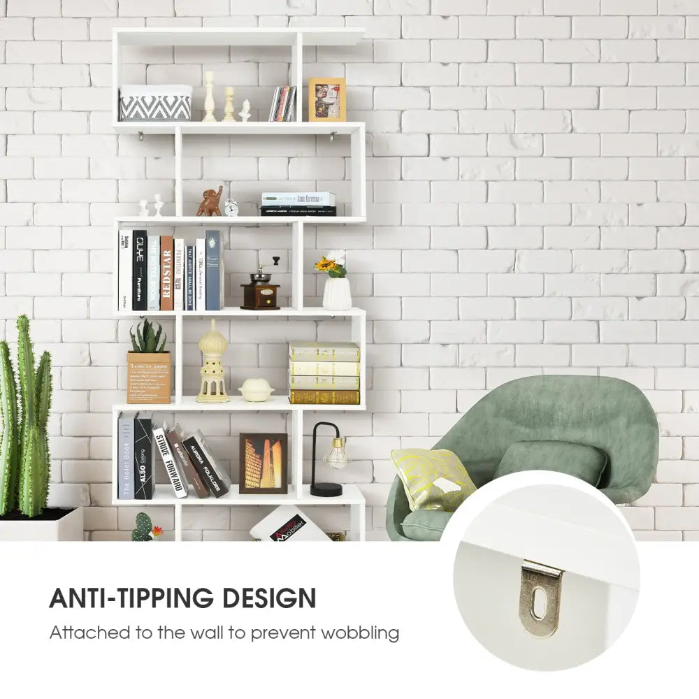 6 Tier S-Shaped Bookshelf Storage Display Bookcase Decor Z-Shelf-White - White - Bookcases